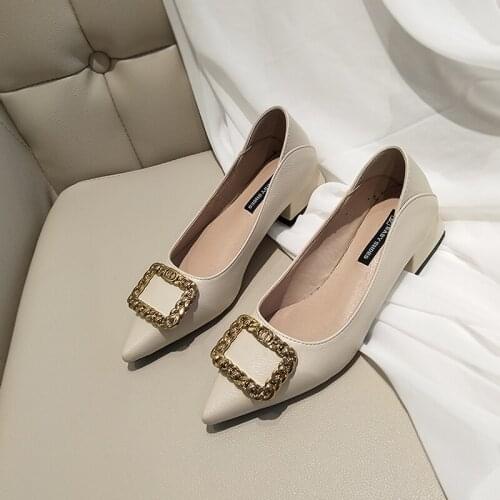 Autumn Pointed Toe Low-heeled Shoes Shallow Mouth Metal Square Buckle Korean Version of Thick-heeled High-heeled Soft Shoes
