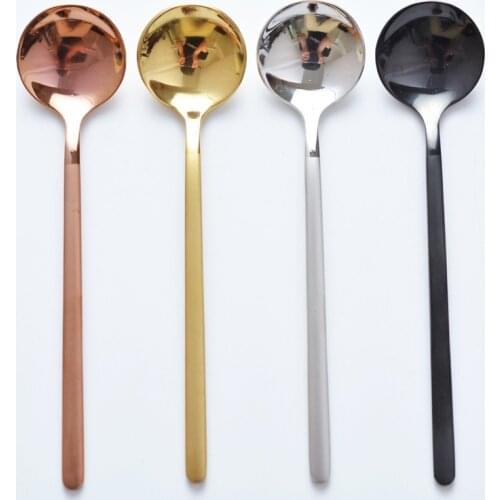 Gold Plated Stainless Steel Coffee Spoon Long Handle Round Tea Spoons Kitchen Hot Drinking Flatware Ice Cream Spoon Cutlery