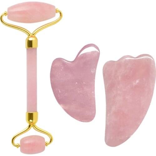 Rose Matte Quartz Jade Roller Set Gouache Board Scraper Face Lift Tools Slimming Beauty Neck Thin Facial Anti-wrinkle Massager
