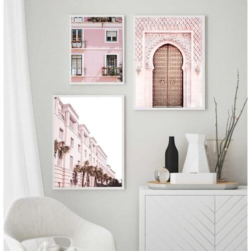 Blush Pink Building Vintage Boho Door Wall Art Pictures Canvas Paintings Posters and Prints for Living Room Home Decor No Frame