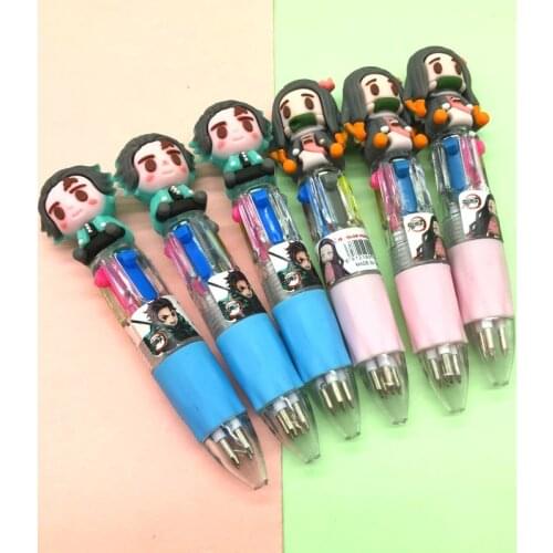 4 Colors Demon Slayer Kamado Tanjirou Nezuko Surrounding Cartoon Mini Ballpoint Pen Student Write Stationery Colour Pencil