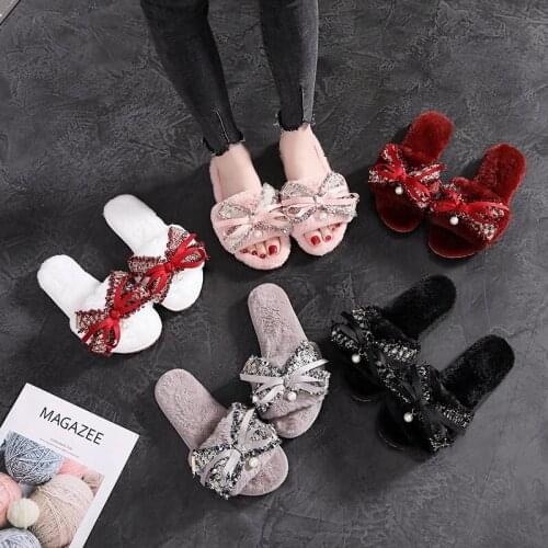 Winter Bow Women Slippers Home Shoes Faux Fur Fashion Warm Shoes Ladies Slip on Flats Slides indoor Flip Flop Size 35-42 qq950
