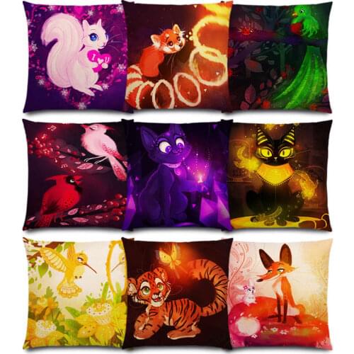 Cute Cartoon Animals Amethyst Kitty Raccoon Squirrel Fox Tiger Quetzal Cat Bird Sapphire Good Cushion Cover Sofa Pillow Case