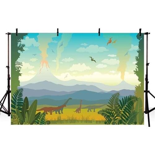 Cartoon Photography Backdrop Dinosaur Party Green Jungle Photography Background for Kids Birthday Party Custom Photo Backdrop
