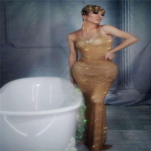 X30 Female Sleeveless Gold Full Rhinestones Long Dress Singer Stage Wear Evening Party Performance Skinny One Piece hips Skirt