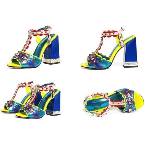 Colorful leather T strap woman beading chunky high heel sandal metal buckle peep toe T strap slingback chunky heel woman sandal