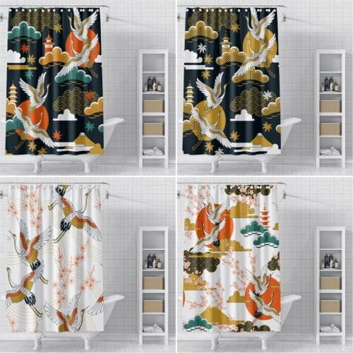 Crane Bird Printed Shower Curtain Waterproof Bathroom Shower Curtain with Hooks Polyester Fabric Bath Shower Curtain Decor