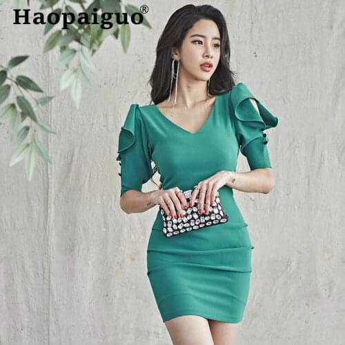 Korean Style Green Summer Dress 2019 Puff Sleeve Corset Bodycon Wrap Dress Women Solid Sheath Mini Bandage Dress Women Jurken