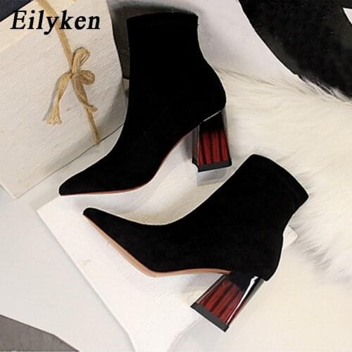 Eilyken 2021 Pointed Toe Sexy High Heels Woman Autumn Winter Fashion Ankle Boots Elastic Flock Slip on Women Shoes Size 34-40