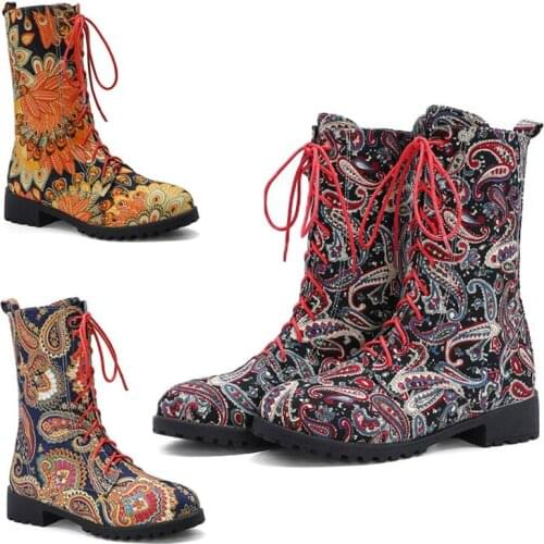 2021 Winter Fashion Womens Mid-Calf Boots Western Lace-Up Ladies Boots Comfortable Non-Slip Motorcycle Bootie Size 35-43
