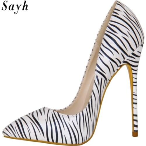 Womens High Heels 12cm Stilettos Pointed Toe Shoes Party Pumps Black White Zebra Pattern Lady Shoes Plus Size 34-43