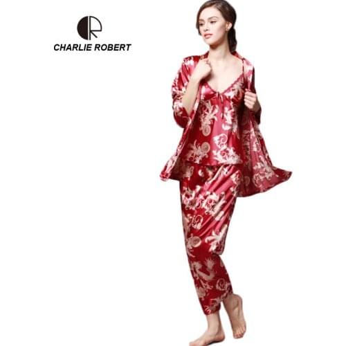 CR Printing Woman Pajama Sets 3pcs Suit Spring Summer Style Emulation Silk Robe Spaghetti Strap Bathrobe AP451