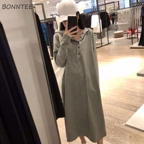 Long Sleeve Dresses Women 2020 Autumn Hooded Loose Plus Size Mid-calf Solid Elegant Womens New Arrival Fashionable Korean Style