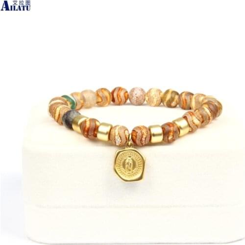 Ailatu New Virgin Mary Faith Power Beaded Bracelet with 8mm Natural Weathering Dzi Stone for Mothers Day Gift Top Quality