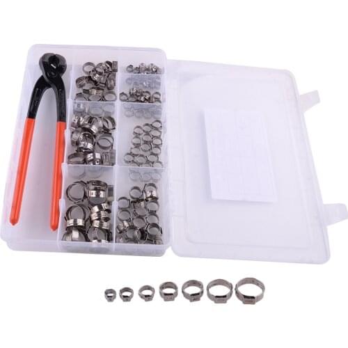 Car 140pcs 7-size 304 Stainless Steel Single Ear Hose Clamps Cinch Rings Crimp + Crimping Tool Kit Accessories