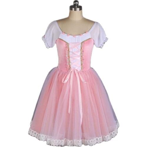 Puff Sleeve Pale Pink Ballet Dance Tutu Stretch Velvet Bodice with Romantic Length Tutu Skirt Ballerina Dress Costume B20019