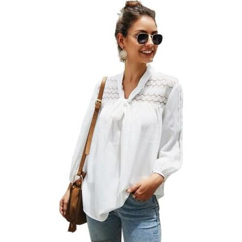 White Lace Patchwork Blouse Femme Bow Lacing Up Flower Lace Long Puff Sleeve Loose summer blouse Elegant Shirt Women CL278
