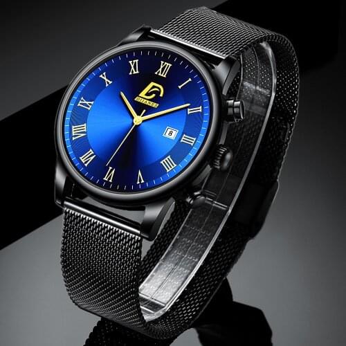 New Men Watches Luxury Men Stainless Steel Mesh Calendar Watch Men Leather Strap Business Sports Quartz Watch Relogio Masculino