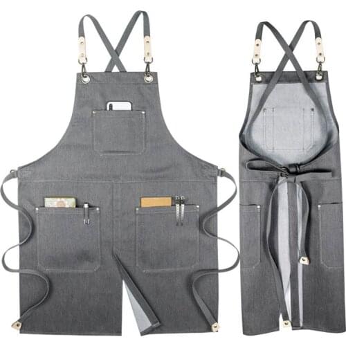 Black Gray Denim Apron Crossback Cotton Straps Waitstaff Barista Bartender Pastry Chef Uniform Barber Florist Work Wear E24