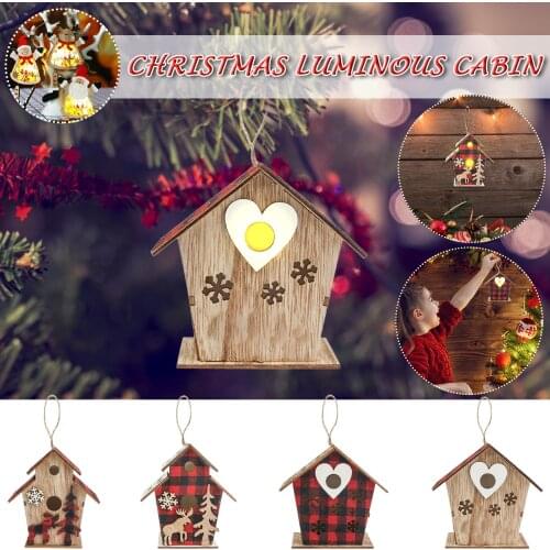 Christmas Decoration Wooden Hollow Lighted Cabin Christmas Tree Hanging Pendant Decoration 2022 New Year Window Wall Sticker