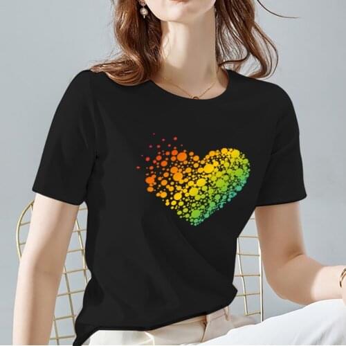 Tshirts Women Black Vogue All-match O-neck T-shirts Love Heart Pattern Printing Series Female Tops Tee Commuter Womens Clothing