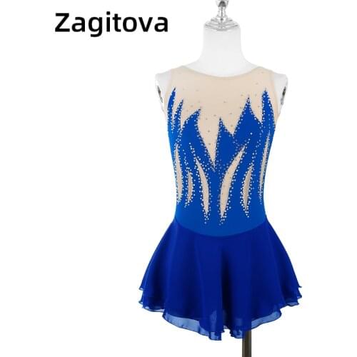 Royal Blue Figure Skating Dress Women And Girls Ice Skating Clothes Sleeveless Hollow Out With Rhinestones