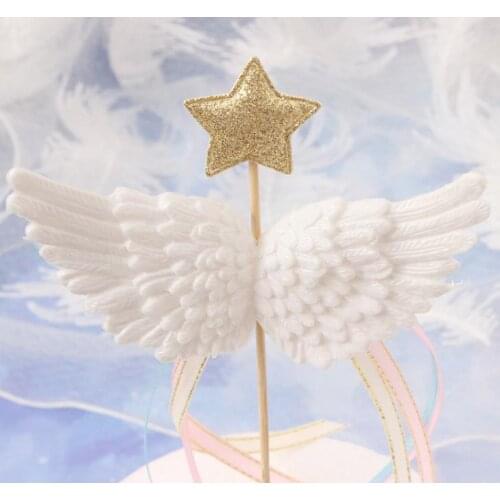 Angel Wings cake Decor Toppers Little Star Satin Tassel Cupcake Toppers Picks for Baby Shower Birthday Wedding White Pink Blue