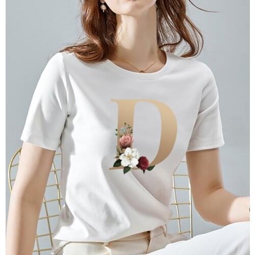 Vogue 26 Letter Print Women T-shirt Casual Round Neck White Short Sleeve Tops Tee A To Z Alphabet Combination Womens Clothes