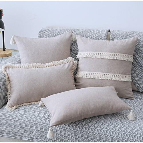 Cotton Linen Cushion Cover 30x50cm/45x45cm Pillow Cover Beige Grey Blue Yellow Boho Style Tassles for Sofa BedHome Decorative
