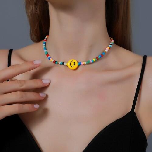 New DIY Cartoon Beaded Choker Necklace for Women Cute Color Smiley Necklace INS Style Hot Sale Rainbow Resin Beaded Necklace