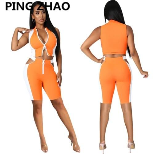 PING ZHAO Women Set Patchwork Sleeveless Zip Crop Tops Cut Out Zipper Waist Shorts Two 2 Piece Sets Summer Outfit
