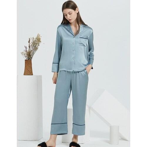 19 Momme Silk Pajamas 100% Silk Pajamas Women Long-Sleeved Trousers Pjs Women Turn-down Collar Silk Sleepwear Set Soft Nightwear
