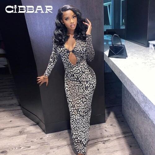 CIBBAR Hollow Out Elegant Skinny Maxi Dress Women Summer Hipster Print Long Sleeve Bodycon Dresses Ladies New Fashion Partywear