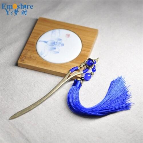Retro Brass Color Creative Hairpin wioth Tassels Blue Metal Book Mark for Diary Book Innovative Gift Bookmark Wholesale M134