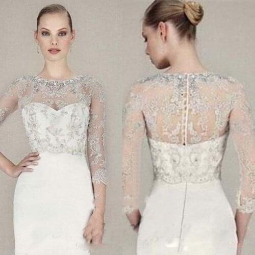 Luxury Beads Lace Appliques Rhinestone Neck White Ivory Bolero Jackets Zipper Back Lace Sheer Boleros Custom