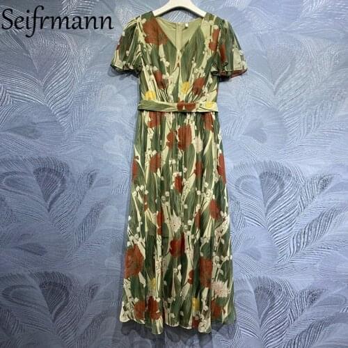 Seifrmann New 2021 Summer Women Fashion Designer Party Long Dress Short Sleeve Sashes Floral Printed Ladies Dresses Vestidos