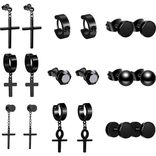 1 pair Punk Black-color Multiple Styles Stainless Steel Stud Earrings For Men and Women Street Pop Hip Hop Gothic Ear Jewelry