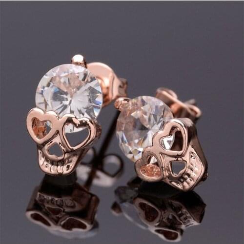 Skull earrings Personality trend punk style earrings Ladies Rose Gold Tone Crystal Diamond Skull Pierced jewelry accessories