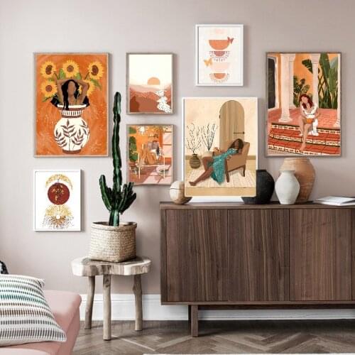 Nordic Abstract Landscape Sun Moon Girl Flower Plant Art Canvas Painting Posters And Prints Wall Pictures For Living Room Decor