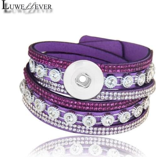 Interchangeable Bangle 086 Crystal Rhinestones Leather Bracelet 18mm Snap Button Charm Jewelry For Women Gift 39cm