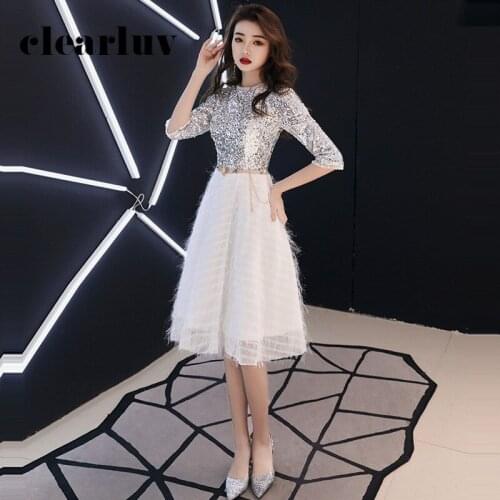 Sparkling Sequin Prom Dresses DR316 Patchwork A-Line Party Gowns For Women Half Sleeve Elegant Dress O-Neck Vestido De Fiesta