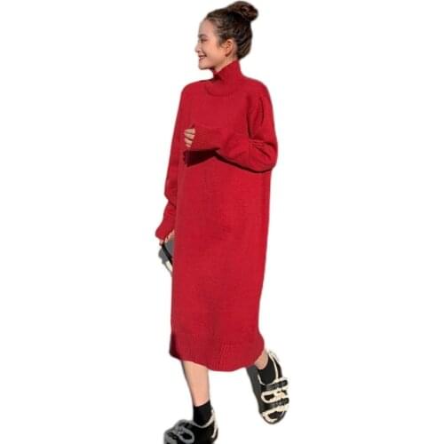 Slouchy loose and versatile round neck medium length high collar wool dress