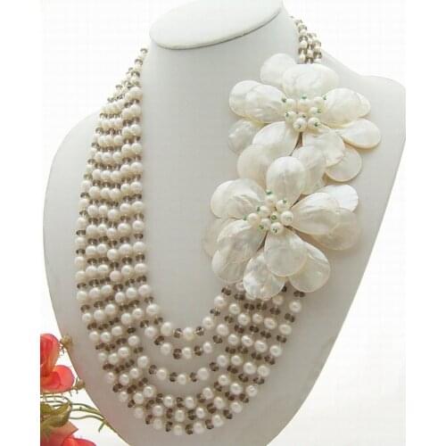 Y·YING Natural White Freshwater Pearl Crystal Shell Flower Statement Necklace Womens Jewelry