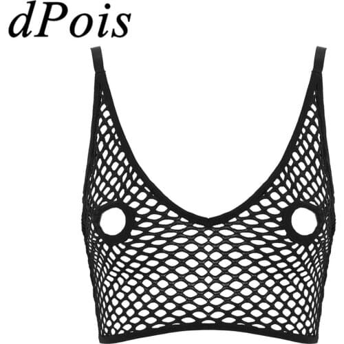 Womens Erotic Tanks Top Hollow Out Netted Sexy Lingerie Spaghetti Shoulder Straps Nipples Hollow Out Longline Bra Tops Crop Top
