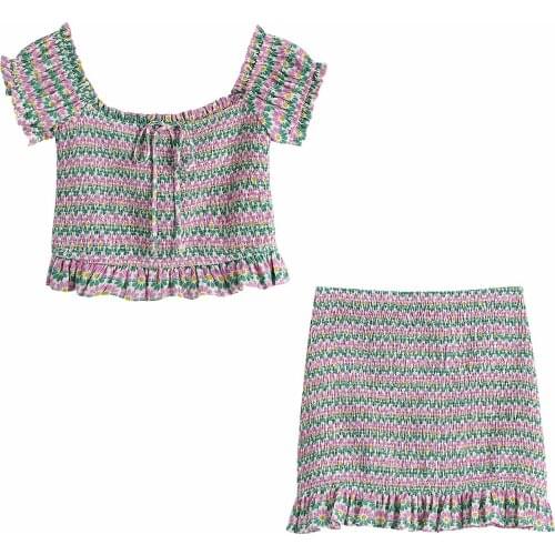 2021 New Women Two piece set Flower Printed Crop Top & Mini Skirt Casual Sexy Summer Women Outfit Dress Sets Short Suits