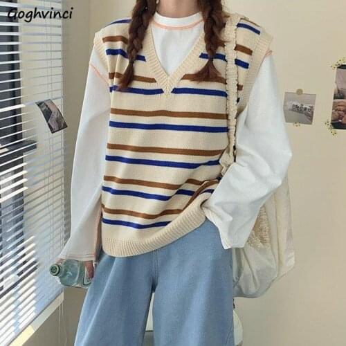 Striped Sweater Vest Women Design Elegant Soft Students V-neck Sleeveless Sweaters Japanese Style All-match Knitted Tops Femme