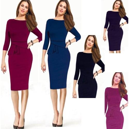 Women Package hip dress autumn winter three quarter sleeve solid Waist fold knee-length pencil stitching Slim dress JQ1165YH0013