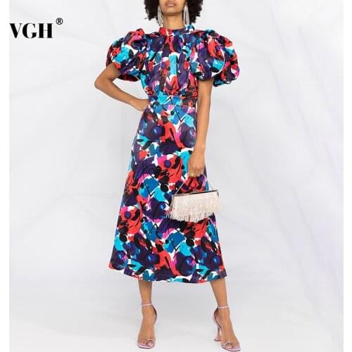 VGH Vintage Backless Print Dress For Women Stand Collar Puff Sleeve High Waist Hit Color Midi Dresses Female Fashion New Tide