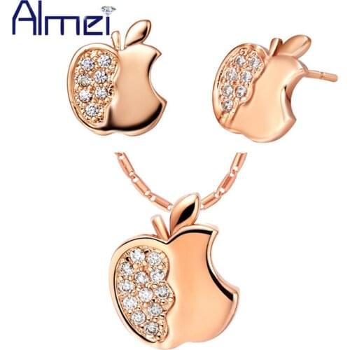Almei Fruit Rose Gold Color Apple Bridal Jewelry Sets Crystal Neckalce for Women Lady Bridal Silver Wedding Earrings Set T195