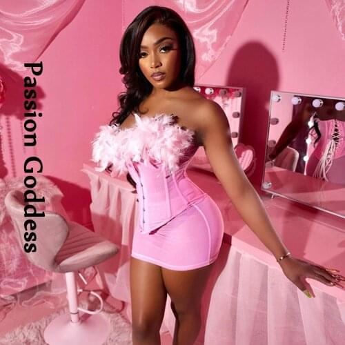 Sexy Cute 2 Piece Women Pink Fur Suits Feathers Mesh Corsets Bustier High Waist Package Hip Skirts Two Piece Party Furry Outfits